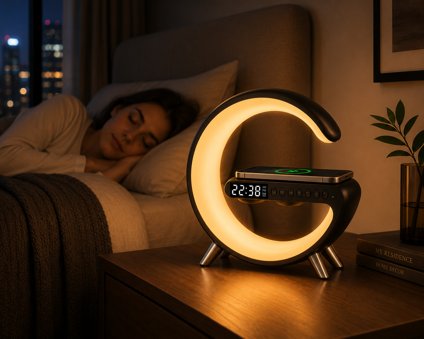 Smart LED Table Lamp with Wireless Charging, Speaker & Alarm Clock