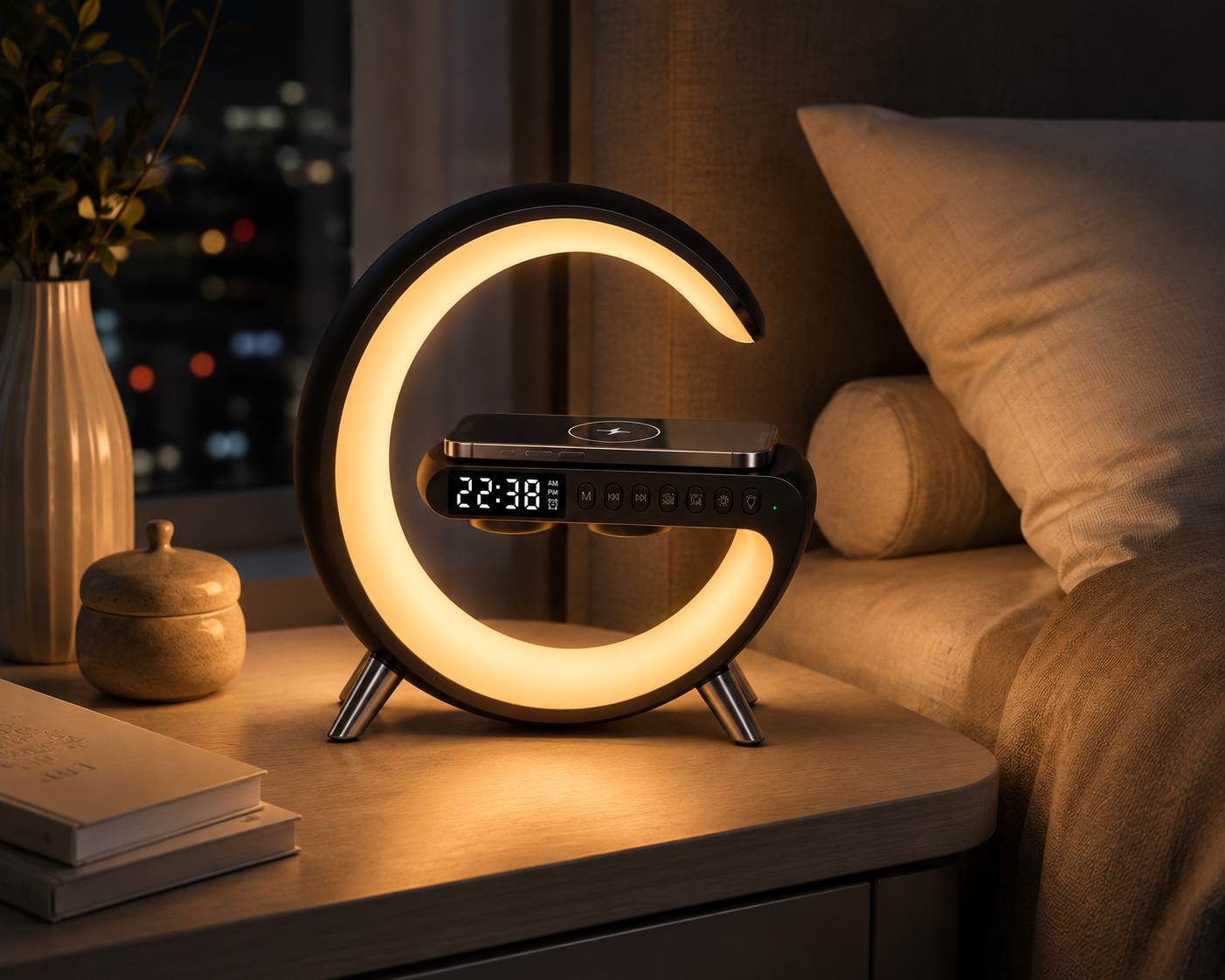 Smart LED Table Lamp with Wireless Charging, Speaker & Alarm Clock