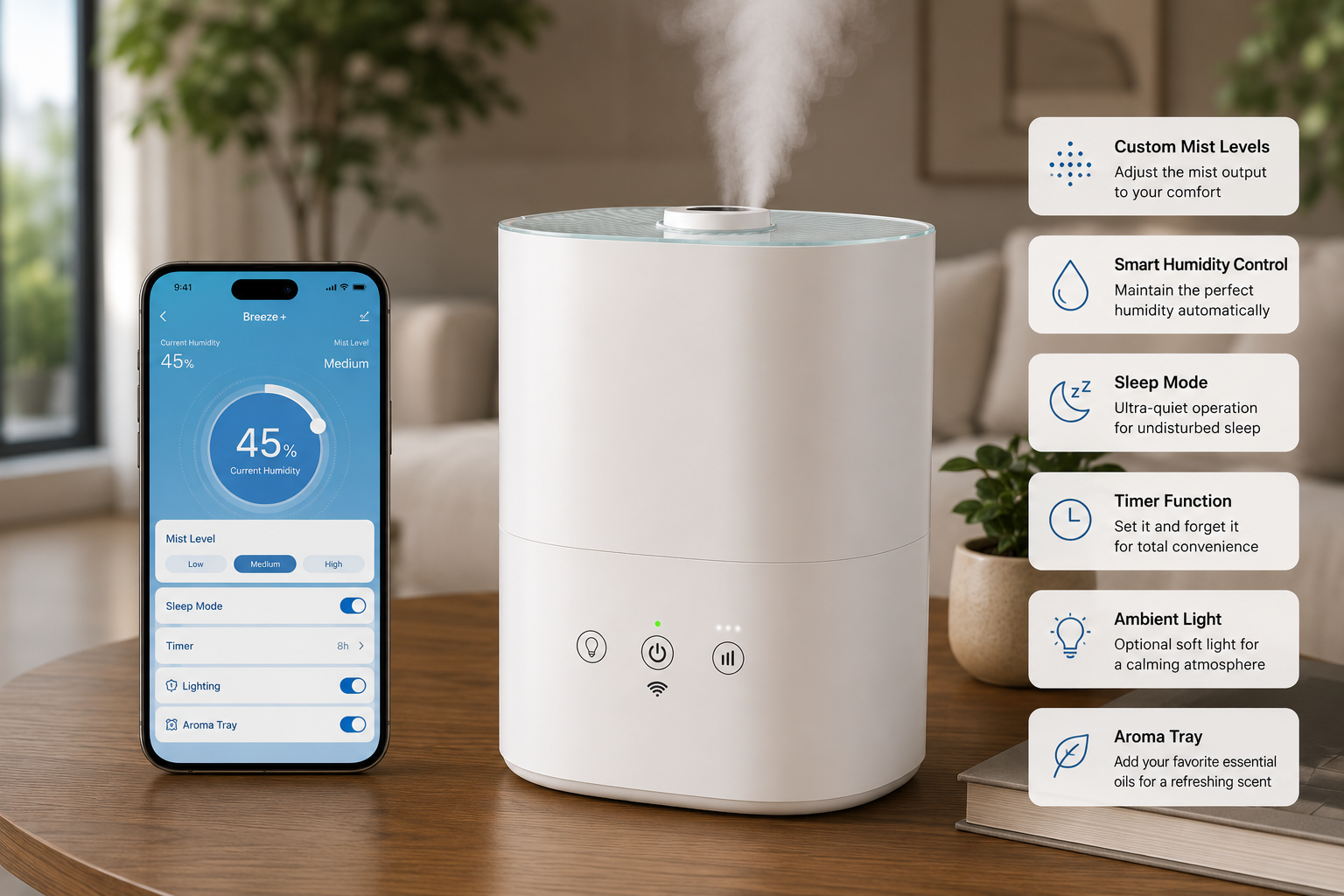 Smart Ultrasonic Humidifier with App Control for Large Rooms