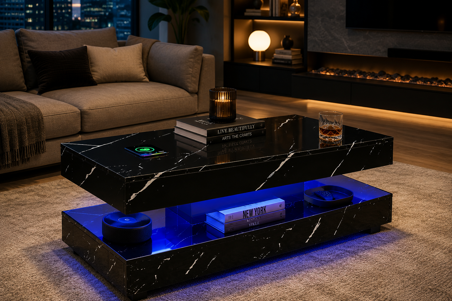 Smart LED Coffee Table with Wireless Charging & Bluetooth Audio