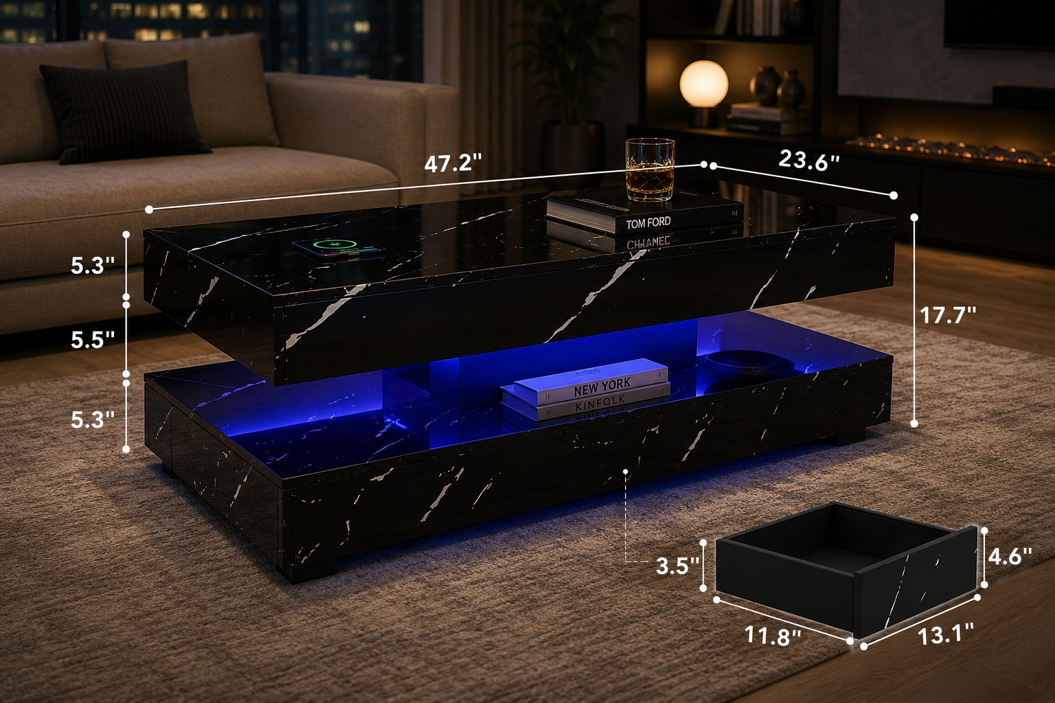 Smart LED Coffee Table with Wireless Charging & Bluetooth Audio